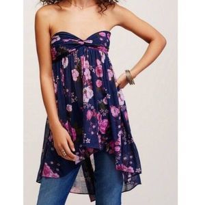 EUC Free People Blue Strapless Floral Boho Tunic Top Small